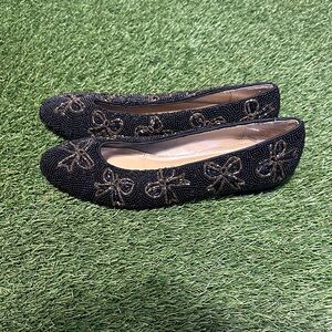 Vintage Talbots 1980s Black and Gold Beaded Flats Bows